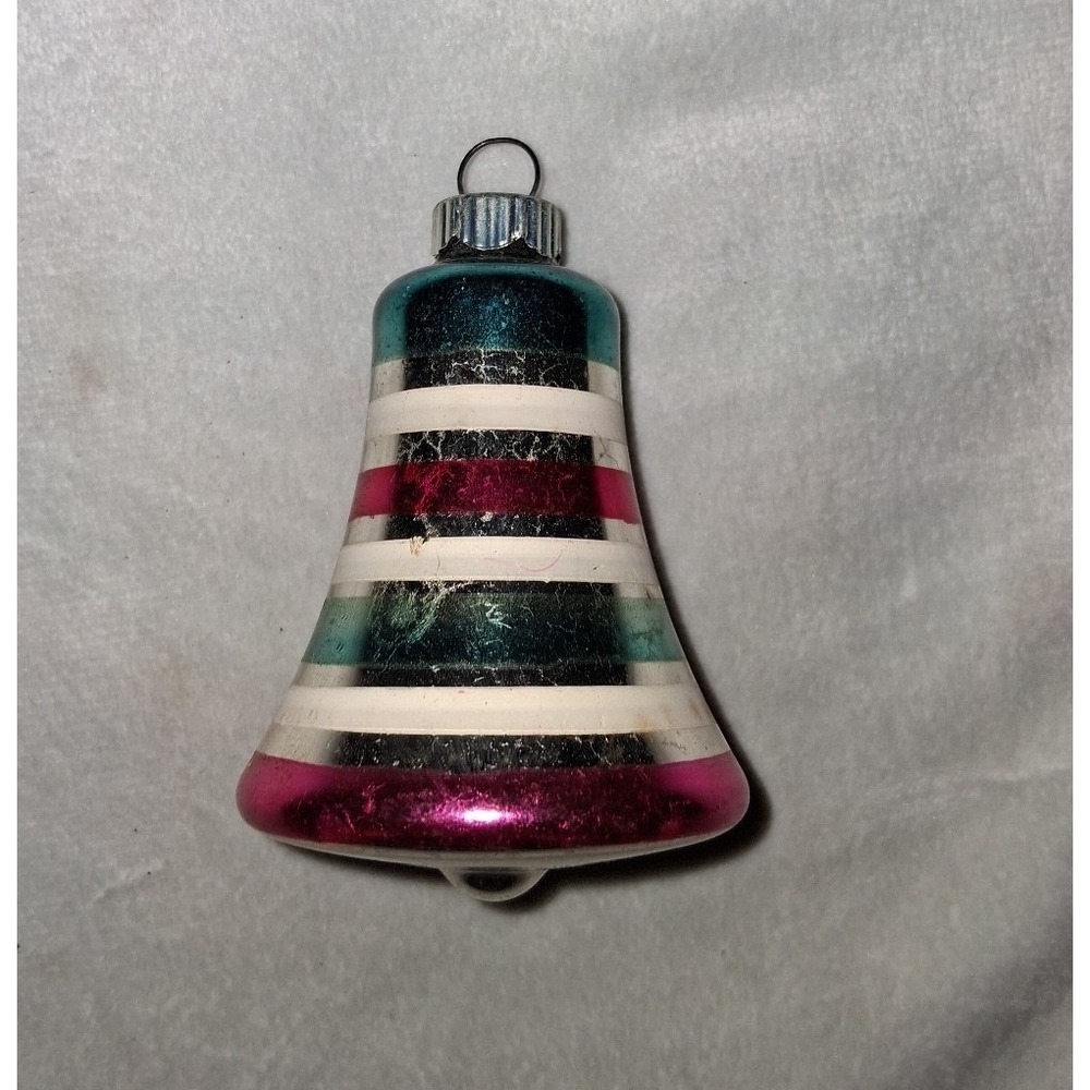 Vintage Shiny Brite Striped Glass Bell Christmas Ornament 3" Pink Green Silver